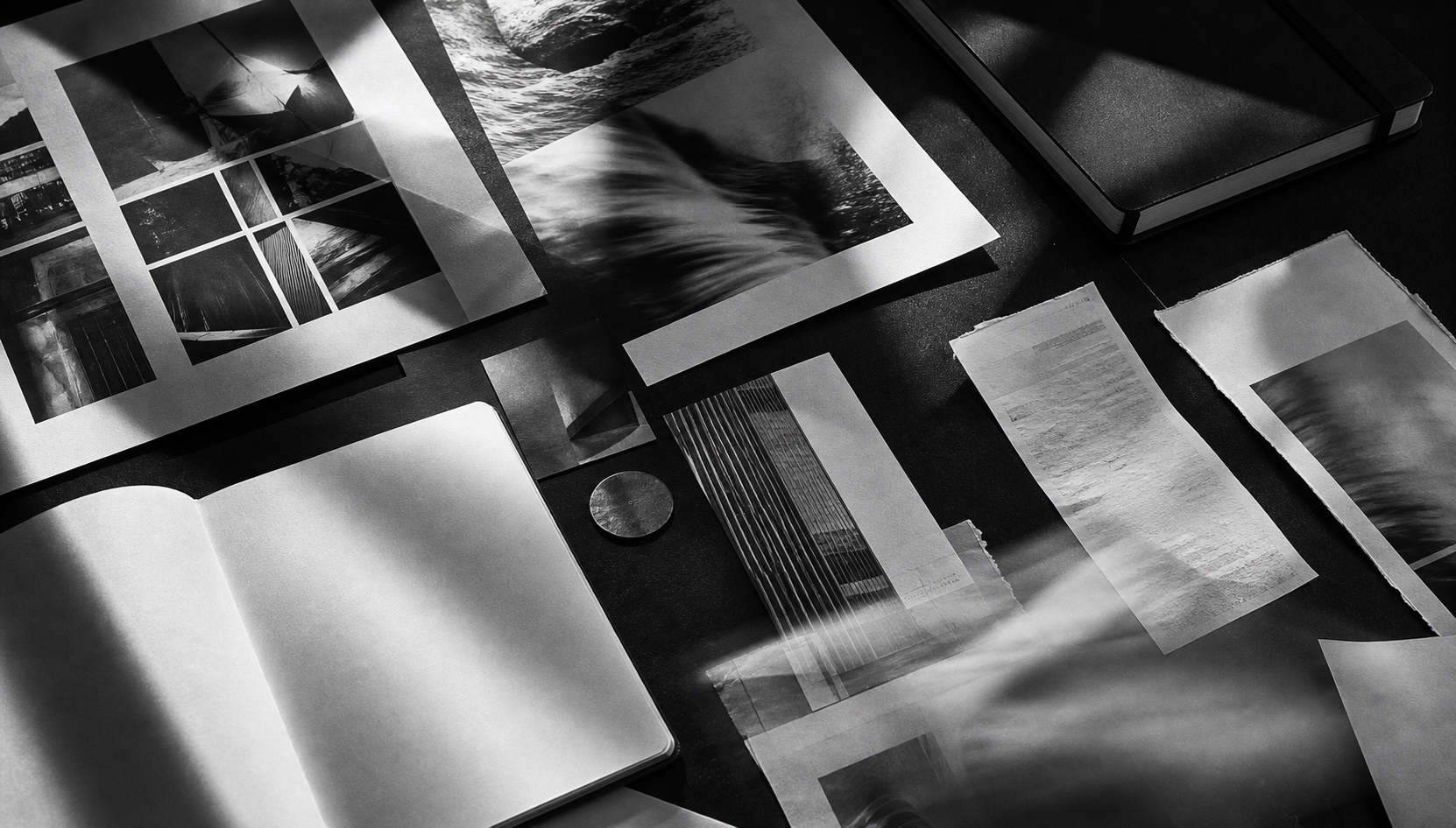 Mesa editorial en blanco y negro con papeles, pruebas y objetos de planificación